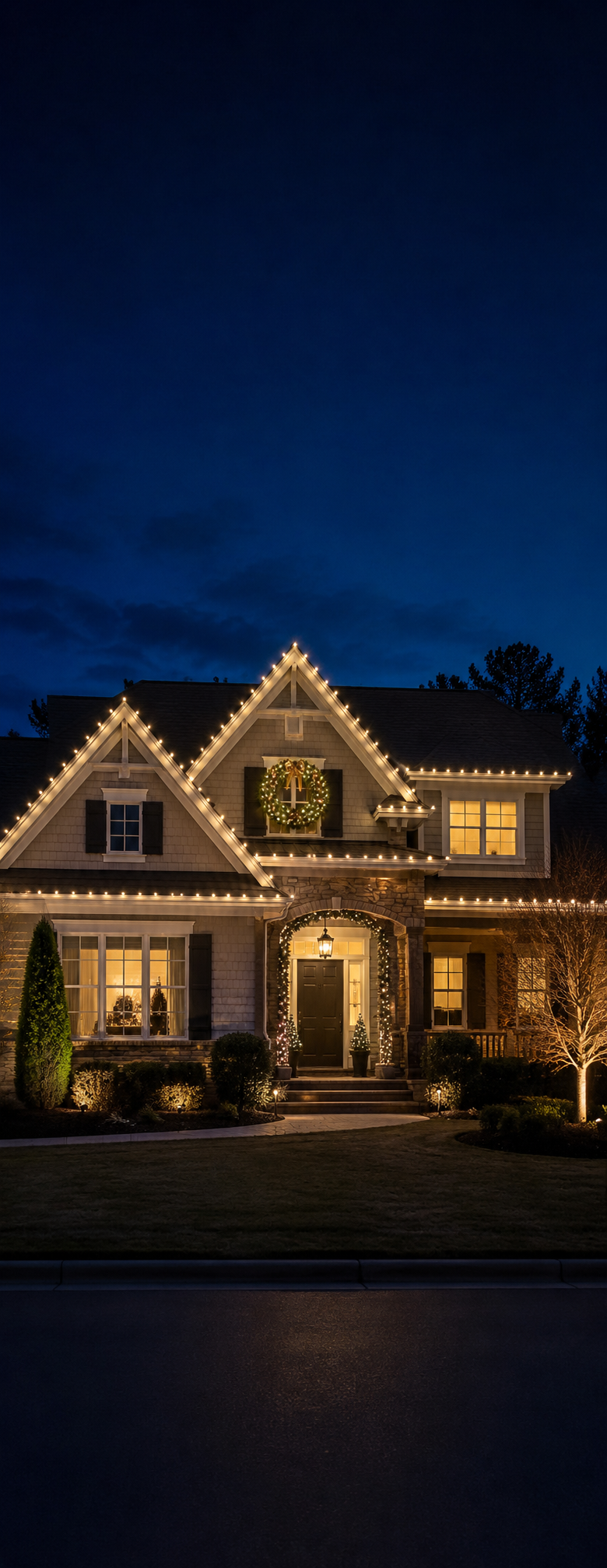 Warm-white Christmas lighting across the roofline of a residential home