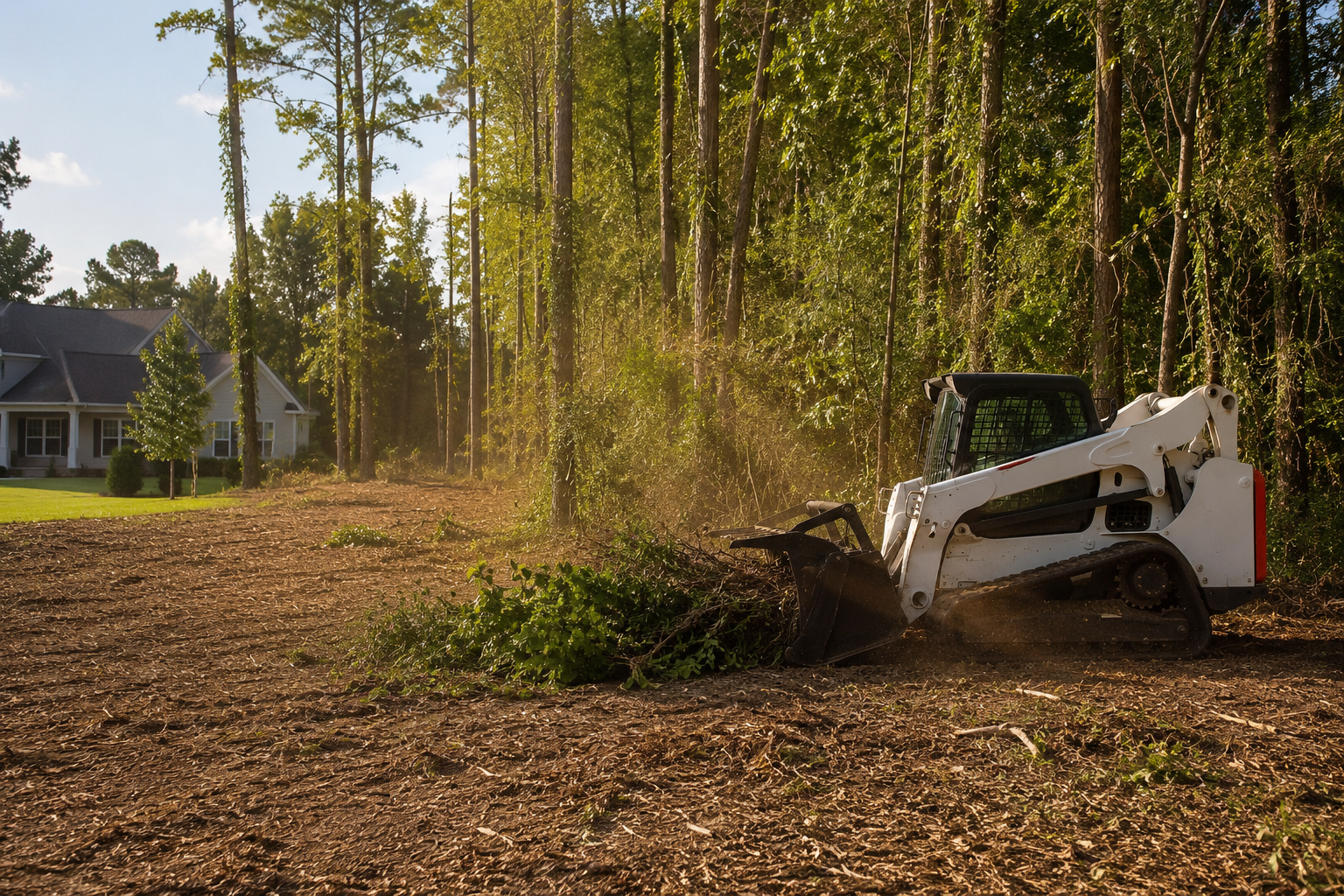 Compact track loader clearing brush beside a residential property